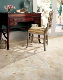 table and chair by a window on tile flooring